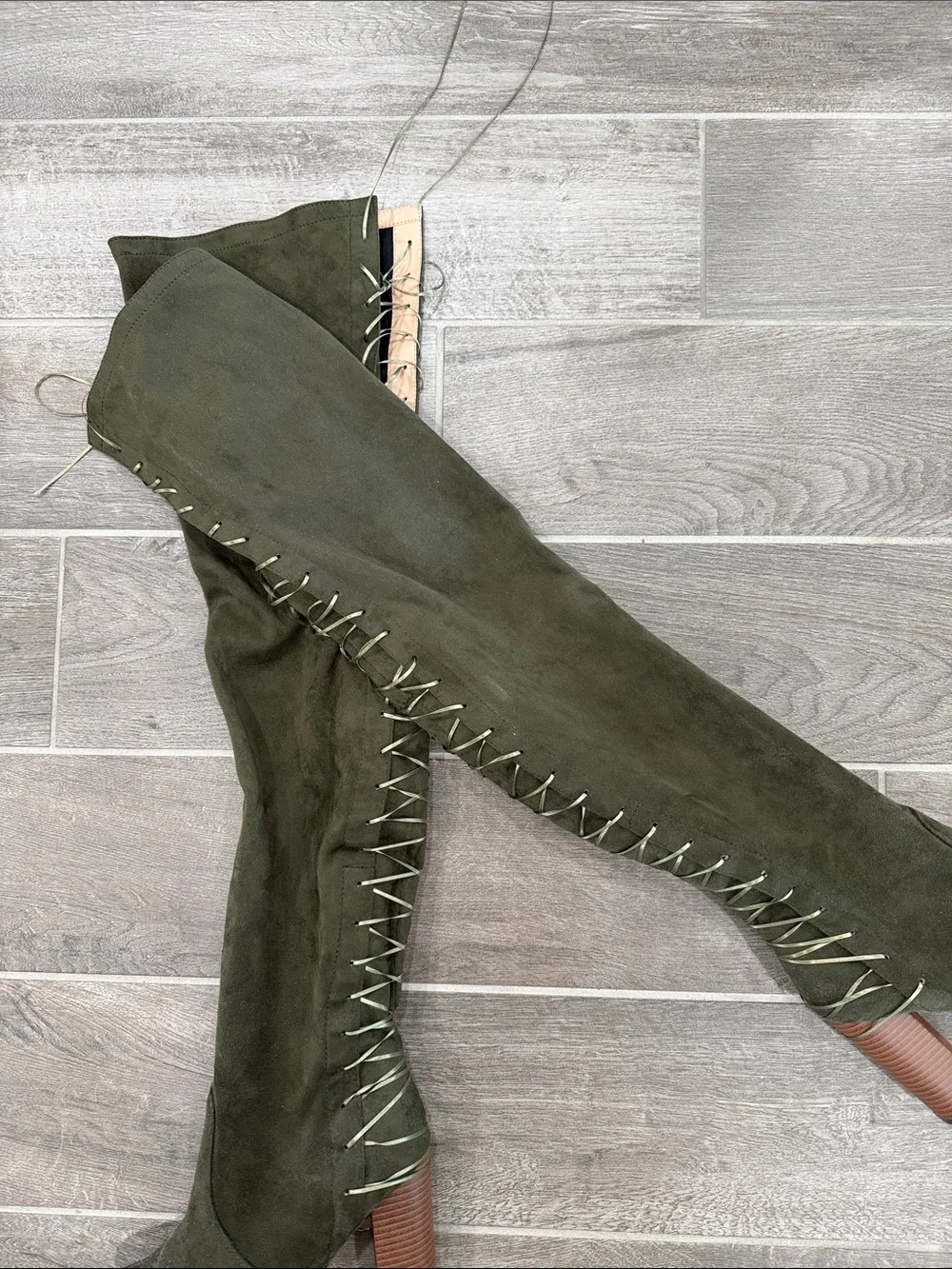 Chase + Chloe Olive Suede Over-the-Knee Lace-Up Block Heel Boots